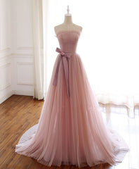 Simple Pink Fashionable Scoop Tulle Long Wedding Party Dress with Bow, Pink Long Formal Dress