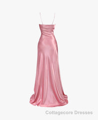 Simple Pink Spaghetti Straps Long Prom Dress with Split