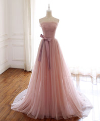 Simple Pink Tulle Long Prom Dress, Aline Pink Tulle Formal Party Dresses