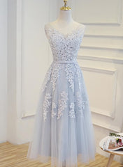 Simple Pretty Light Grey Tea Length Prom Dress, Tea Length Bridesmaid Dress