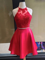 Simple red two pieces short lace prom Dresses, red homecoming Dresses