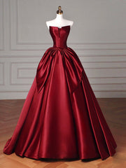 Simple Satin Burgundy Long Prom Dresses, Burgundy Long Formal Dresses