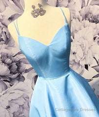 Simple sweetheart blue satin long prom dress, blue evening dress