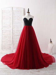 Simple Sweetheart Burgundy Tulle Long Prom Dress, Evening Dress