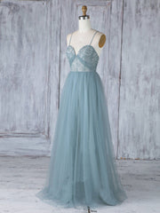 Simple Sweetheart Neck Tulle Lace Long Prom Dresses, Gray Blue Bridesmaid Dresses