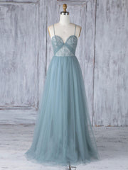 Simple Sweetheart Neck Tulle Lace Long Prom Dresses, Gray Blue Bridesmaid Dresses