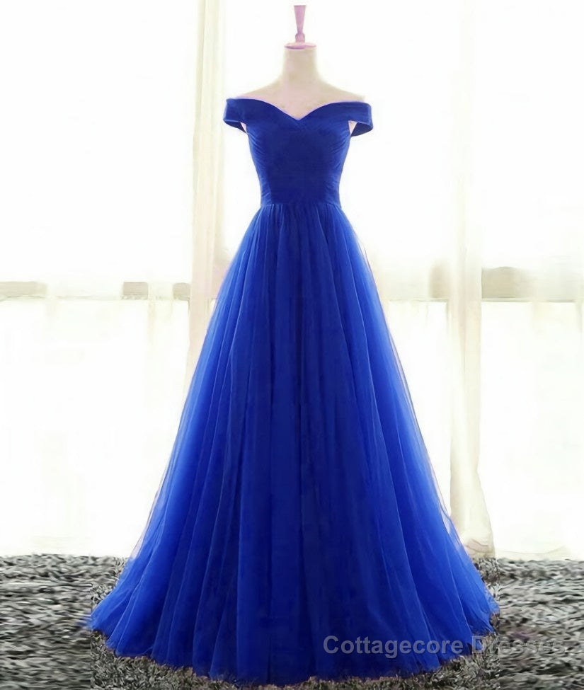 Simple sweetheart tulle blue long prom dress, blue evening dress