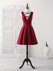 Simple V Neck Burgundy Short Prom Dress Satin Homecoming Dress