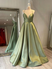 Simple v neck green satin long prom Dresses, green evening Dresses