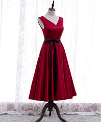 Simple V Neck Satin Burgundy Short Prom Dress, Burgundy Bridesmaid Dress