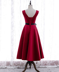 Simple V Neck Satin Burgundy Short Prom Dress, Burgundy Bridesmaid Dress