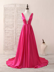 Simple V Neck Satin Long Prom Dress Backless Evening Dress