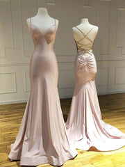 Simple V Neck Satin Pink Long Prom Dresses, Pink Satin Long Formal Dresses