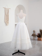 Simple V Neck Tulle Tea Length White Prom Dress, White Bridesmaid Dress