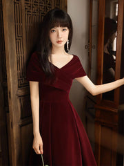 Simple V Neck Velvet Burgundy Long Prom Dresses, Burgundy Long Formal Dresses