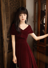 Simple V Neck Velvet Burgundy Long Prom Dresses, Burgundy Long Formal Dresses