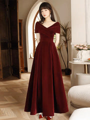 Simple V Neck Velvet Burgundy Long Prom Dresses, Burgundy Long Formal Dresses