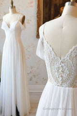 Simple white off shoulder chiffon lace long prom dress evening dress