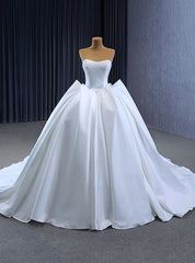 Simple White Satin Strapless Lace Wedding Dresses