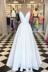 Simple white v neck satin long prom dress white evening dress