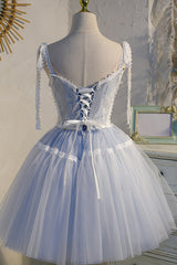 Sky Blue A Line Tulle Lace V Neck Homecoming Dress