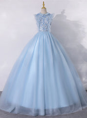 Sky Blue Ball Gown Tulle Appliques Quinceanera Dresses