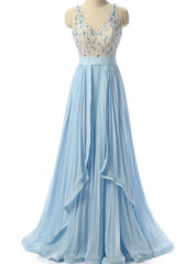 Sky Blue Beaded Prom Dresses Formal Women Evening Dresses