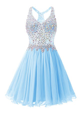 Sky Blue Chiffon Crystal Homecoming Dresses