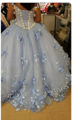 Sky Blue Long Dresses 3D Applique Off Shoulder Ball Gown Quinceanera Dresses