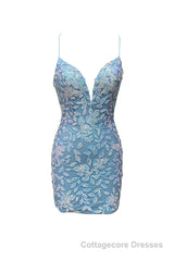 Cute Bodycon V Neck Blue Lace Homecoming Dresses