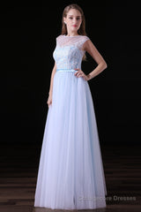 Sleeves Appliques Sheer Lace Button Floor Length Tulle Prom Dresses