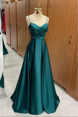 Slim Long Green Satin Aline Prom Dresses With Straps