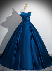 Somple Blue Satin Strapless Pleats Prom Dress