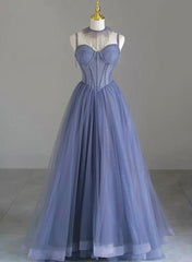 Spaghetti Strap Tulle Beaded Long Prom Dress, Beautiful A-Line Evening Party Dress