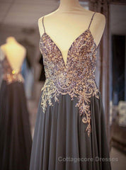 Gray Spaghetti Straps A-line Beaded Long Prom Dresses