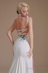 Spaghetti Straps Appliques Sweep Train High Split Prom Dresses