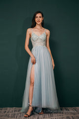 Spaghetti Straps Beading Front Split Long Sky Blue Prom Dresses