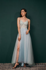 Spaghetti Straps Beading Front Split Long Sky Blue Prom Dresses