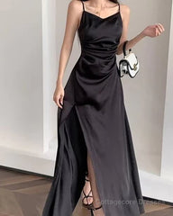 Spaghetti Straps Black A Line Satin Long Prom Dresses With Slit