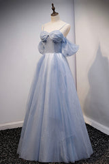 Spaghetti Straps Blue Tulle Long Prom Dress, Off the Shoulder Evening Dress