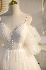 Spaghetti Straps Ivory V Neck Lace Tulle Princess Homecoming Dresses