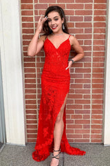 Spaghetti Straps Red Long Prom Dress with Appliques