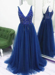 Sparkle Beaded Tulle V-neckline Floor Length Party Dresses, Blue Junior Prom Dresses Formal Dresses