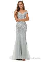 Sparkle Silver Mermaid Beaded Cap Sleeves Off-The-Shoulder Prom Dresses