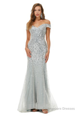 Sparkle Silver Mermaid Beaded Cap Sleeves Off-The-Shoulder Prom Dresses