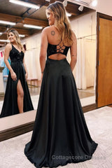 Sparkly Black A-Line Long Prom Dress with Pockets