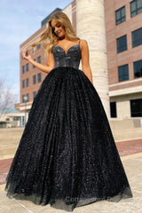 Sparkly Black Spaghetti Straps A-Line Prom Dress