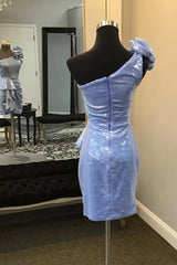 Sparkly Blue One Shoulder Sequins Bodycon Short Homecoming Dresses with Ruffles