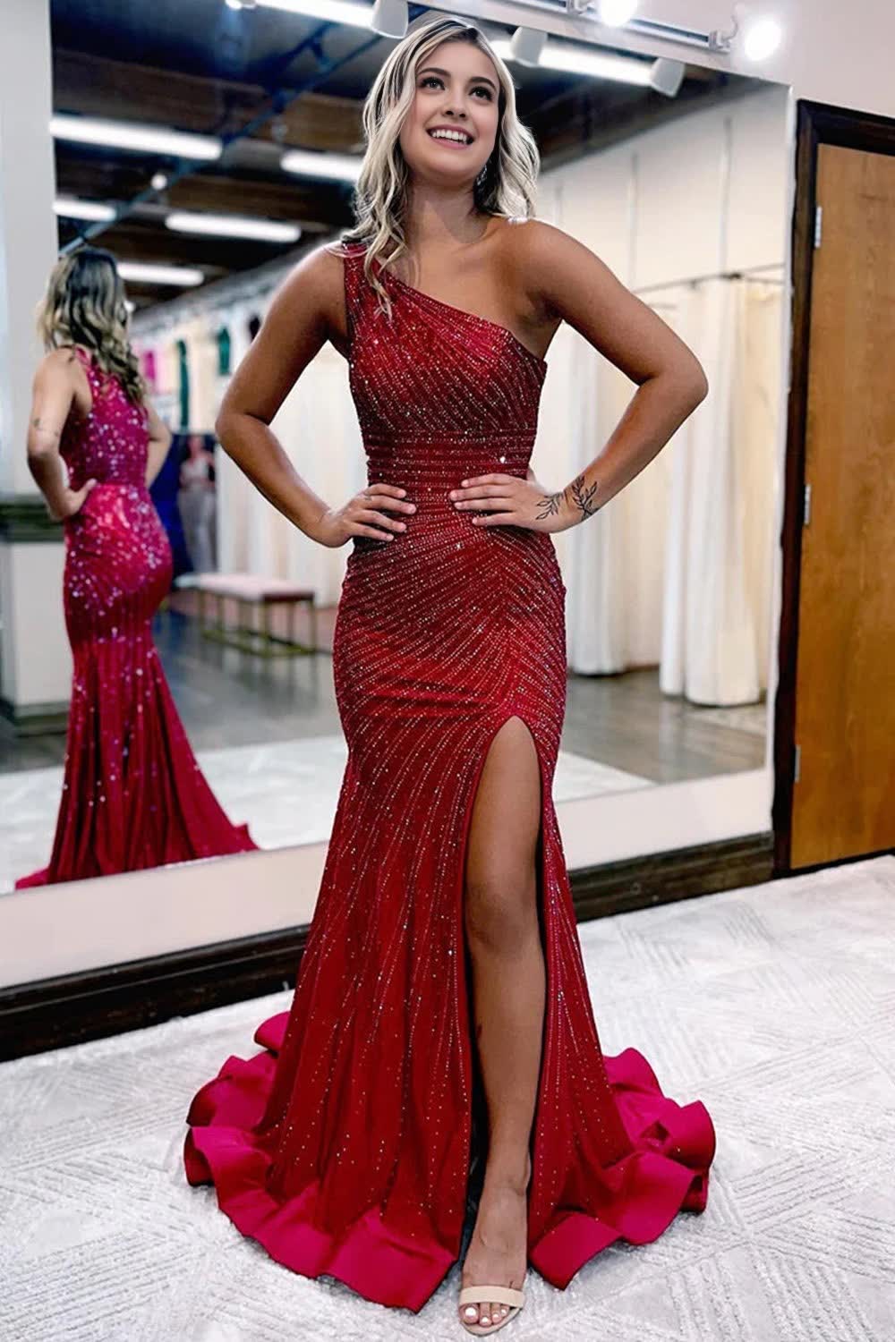 sparkly burgundy beaded one shoulder long prom dress with slit