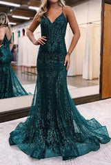 sparkly dark green mermaid sequin long prom dress